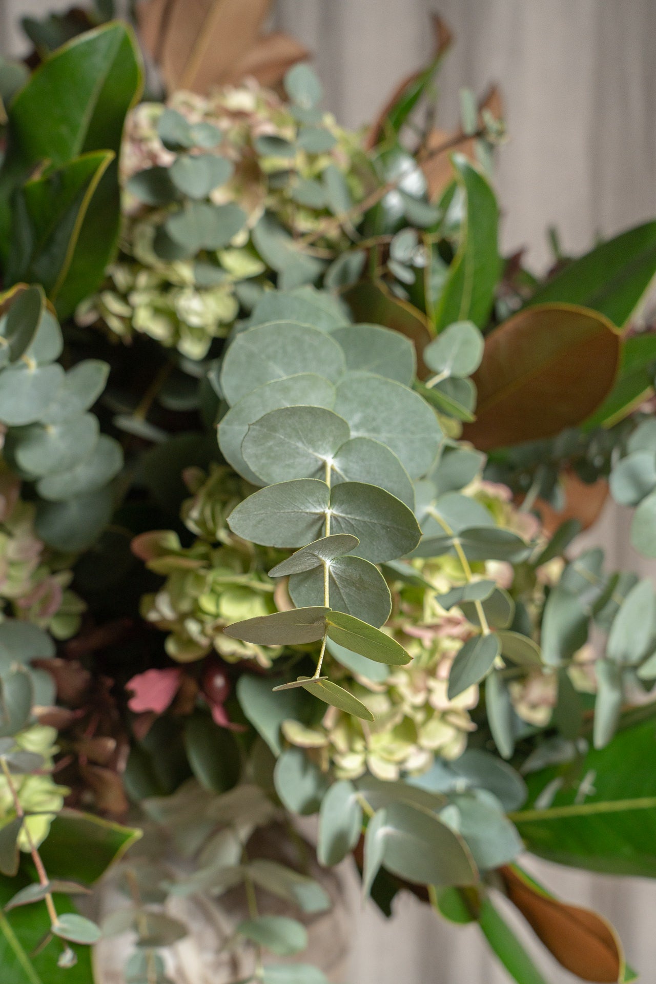 Jarrón Ánfora con Magnolio, Eucalipto y Hortensias 3